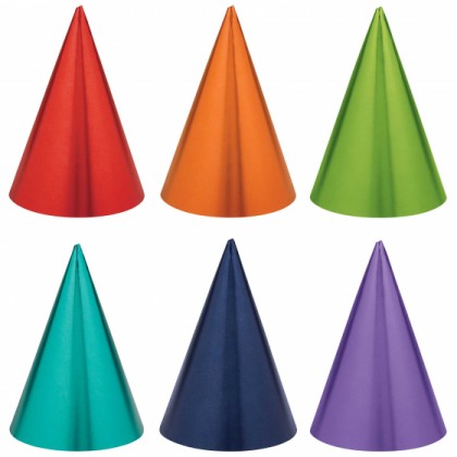 PARTY CONE HATS FOIL RAINBOW COLOURS