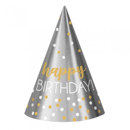 12 Cone Hats Birthday Accessories Silver & Gold Foil / Paper