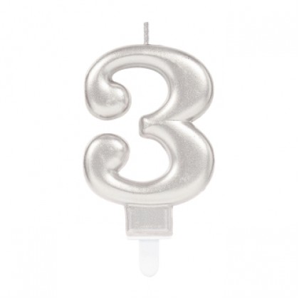 Number Candle 3 Sparkling Celebrations with Holder Silver