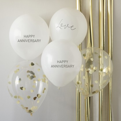 Balloon Bundle - Happy Anniversary and Heart Confetti - White & Gold