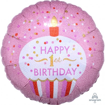 S55 17" 1st Birthday Cupcake Girl Standard Holographic