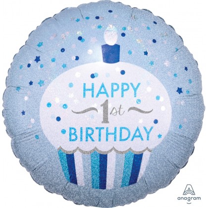 S55 17" 1st Birthday Cupcake Boy Standard Holographic