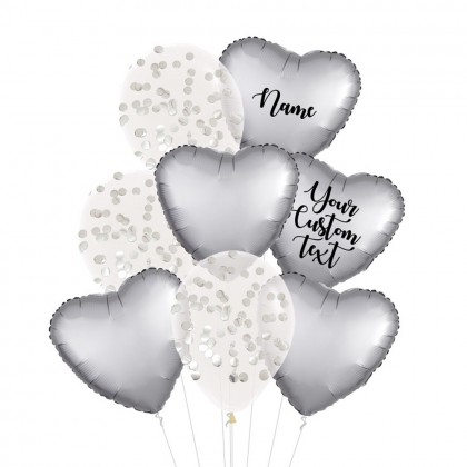 Personalised Platinum Satin Luxe And Confetti Balloon Bouquet