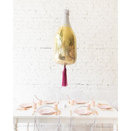 Red Culture 36in Gold Champagne Bottle Foil Balloon with Burgundy Skirt Centerpiece