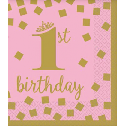 1st Birthday Girl-Gold Beverage Napkins