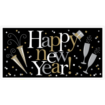 65" x 33 1/2" Happy New Year Large Horizontal Banner - Plastic - Black, Silver & Gold