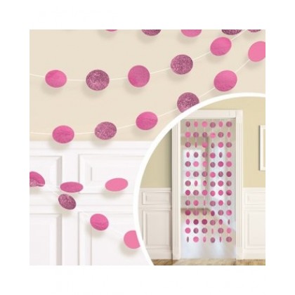 6 Round String Decorations - Bright Pink