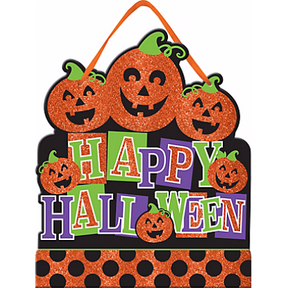 Family Friendly Happy Halloween Medium Sign MDF w/ Glitter & Ribbon Hanger