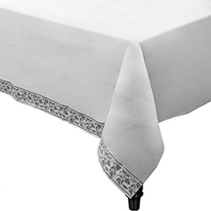 54" x 108" Table Cover White w/Silver Trim