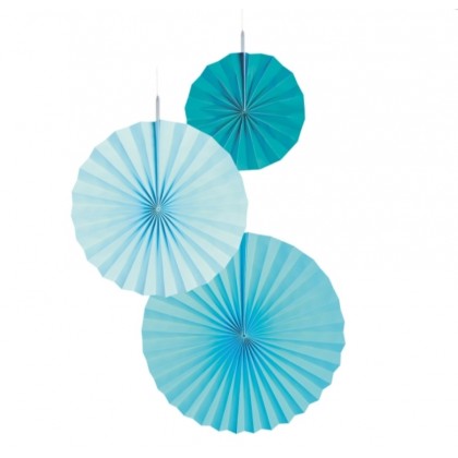 3 Fan Decorations Aqua Glamor Paper 18 cm / 30 cm