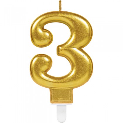 Number Candle 3 Sparkling Celebrations with Holder Gold