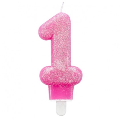 Number Candle 1 Glitter Pink Height 7.6 cm
