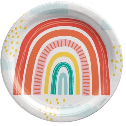 8 Plates Retro Rainbow Round Paper 23 cm
