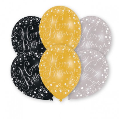 6 Latex Balloons Gold, Silver, Black