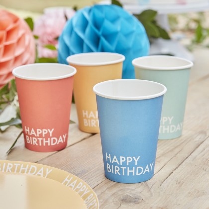 Eco Paper Cups - Happy Birthday - Mixed Colors