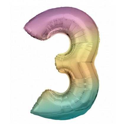 N34 Large Number 3 Rainbow Pastel Foil Balloon N34
