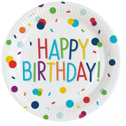 8 Plates Confetti Birthday Happy Birthday Round Paper 23 cm