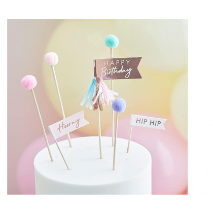 Cake Topper - Happy Birthday Pom Poms and Flags - Pastel -Foiled