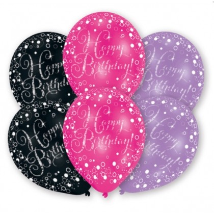 6 Latex Balloons Pink, Purple, Black 27.5 cm / 11"
