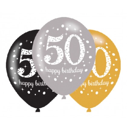 6 Latex Balloons Sparkling Birthday Age 50 27.5 cm / 11"