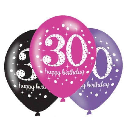 6 Latex Balloons Pink Celebration Age 30 27.5 cm / 11"